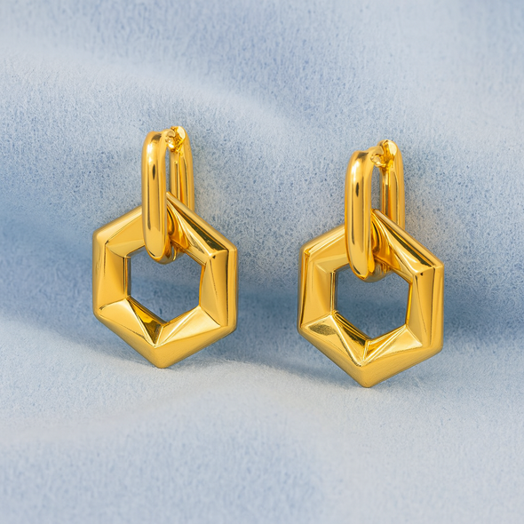 Geometric Hexagon Dangle Hoop Earrings 925 Sterling Silver Yellow Plated