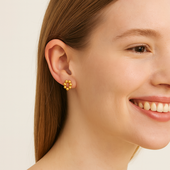 Beaded Circle Round Stud Earrings 925 Sterling Silver Yellow Plated