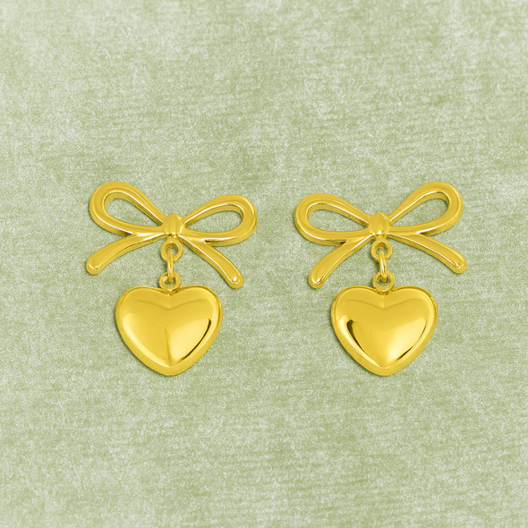 Cute Dainty Bow Love Heart Drop Earrings 925 Sterling Silver Yellow Plated