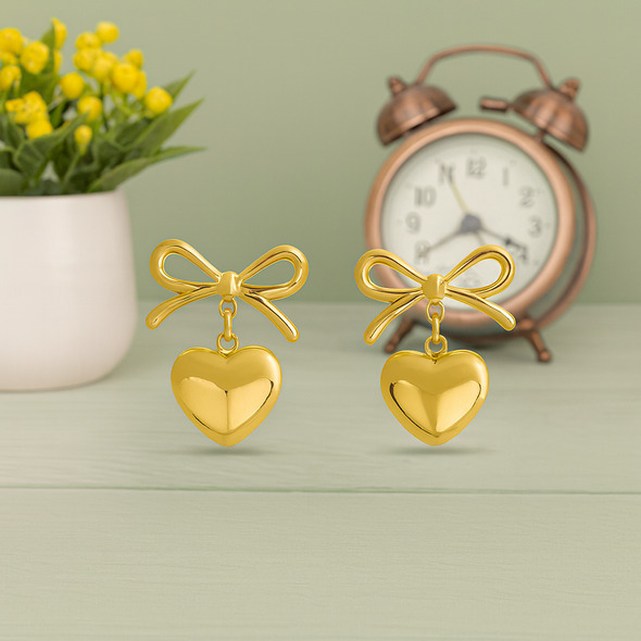 Cute Dainty Bow Love Heart Drop Earrings 925 Sterling Silver Yellow Plated