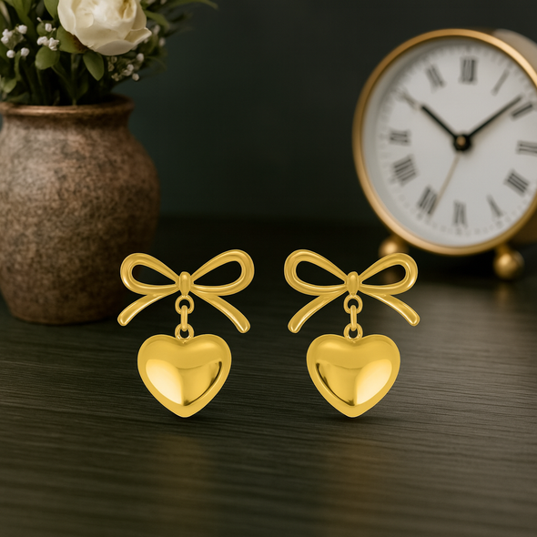 Cute Dainty Bow Love Heart Drop Earrings 925 Sterling Silver Yellow Plated
