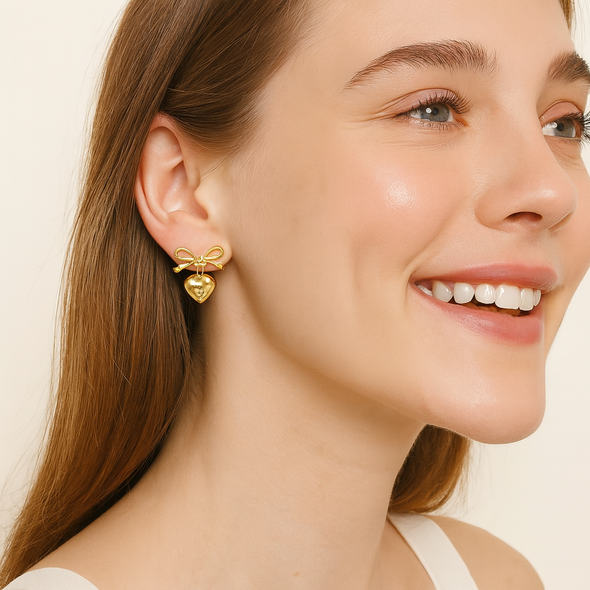 Cute Dainty Bow Love Heart Drop Earrings 925 Sterling Silver Yellow Plated