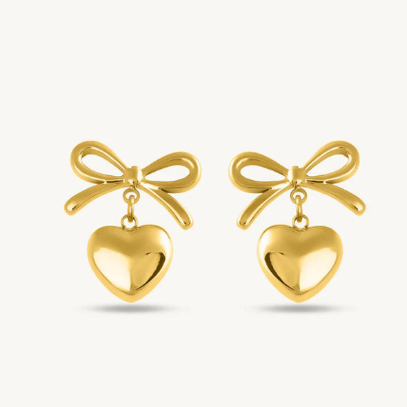 Cute Dainty Bow Love Heart Drop Earrings 925 Sterling Silver Yellow Plated