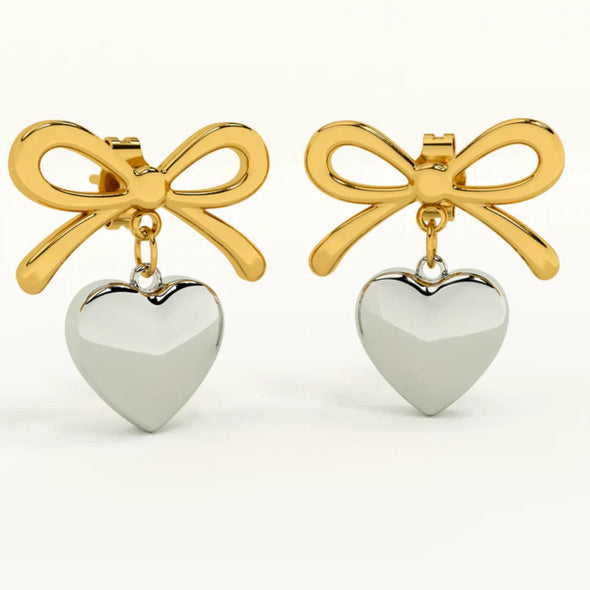 Dainty Romantic Two-Tone Bow Heart Drop Earrings 925 Sterling Silver Yellow Plated