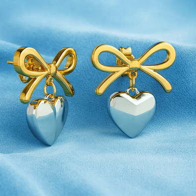 Dainty Romantic Two-Tone Bow Heart Drop Earrings 925 Sterling Silver Yellow Plated