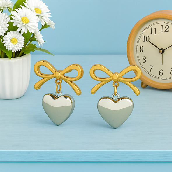 Dainty Romantic Two-Tone Bow Heart Drop Earrings 925 Sterling Silver Yellow Plated