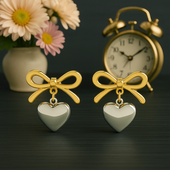 Dainty Romantic Two-Tone Bow Heart Drop Earrings 925 Sterling Silver Yellow Plated
