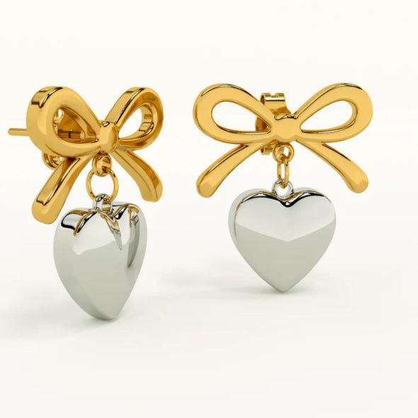 Dainty Romantic Two-Tone Bow Heart Drop Earrings 925 Sterling Silver Yellow Plated