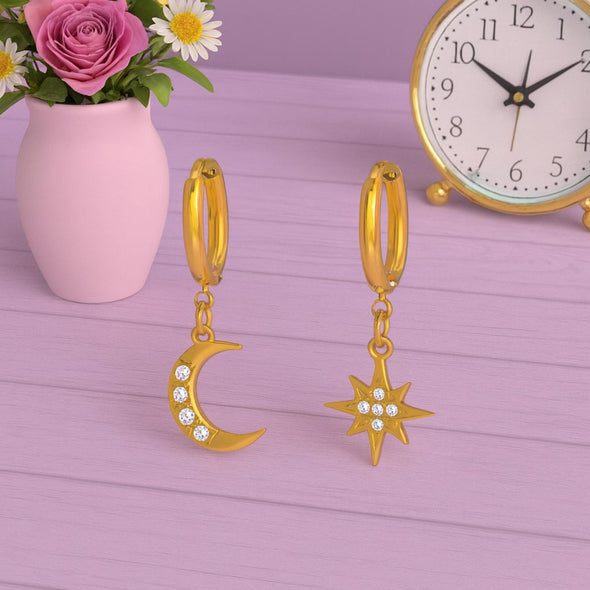 Moon and Star Drop Dangle Earrings 925 Sterling Silver Yellow Plated