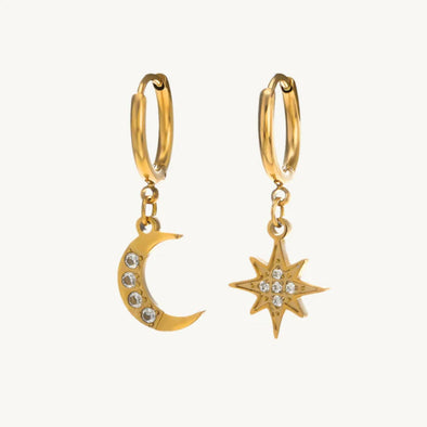 Moon and Star Drop Dangle Earrings 925 Sterling Silver Yellow Plated