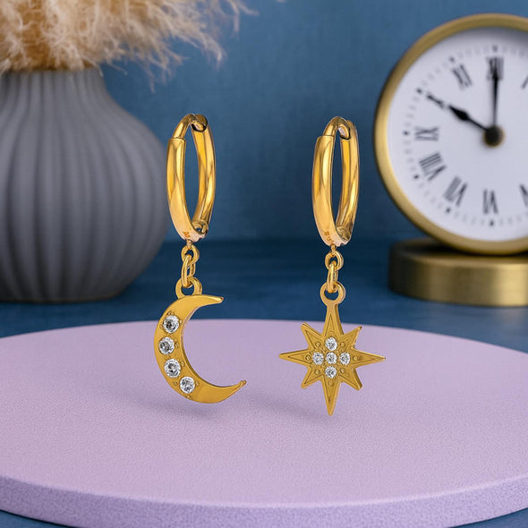 Moon and Star Drop Dangle Earrings 925 Sterling Silver Yellow Plated