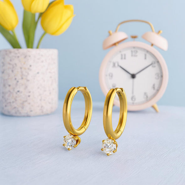 Dainty Solitaire Stone Hoop Earrings 925 Sterling Silver Yellow Plated