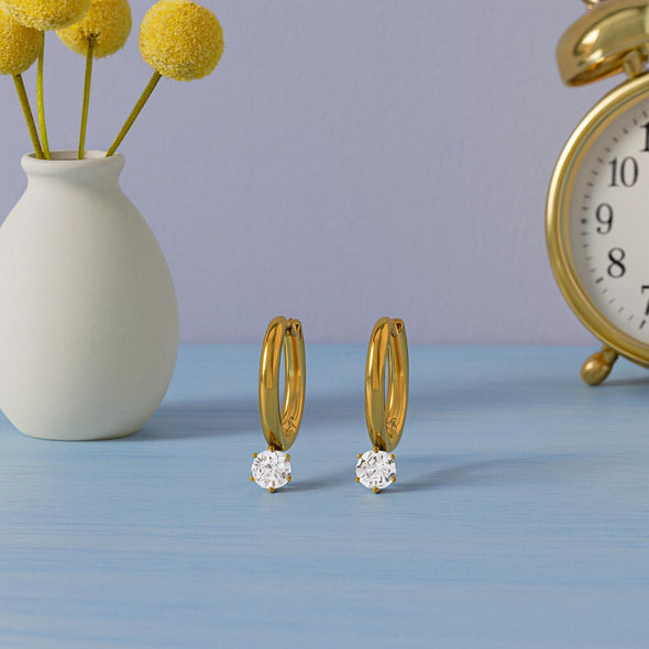 Dainty Solitaire Stone Hoop Earrings 925 Sterling Silver Yellow Plated