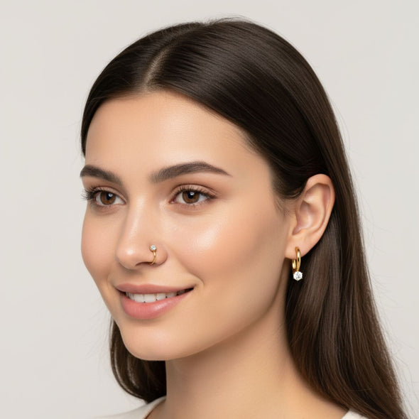 Dainty Solitaire Stone Hoop Earrings 925 Sterling Silver Yellow Plated