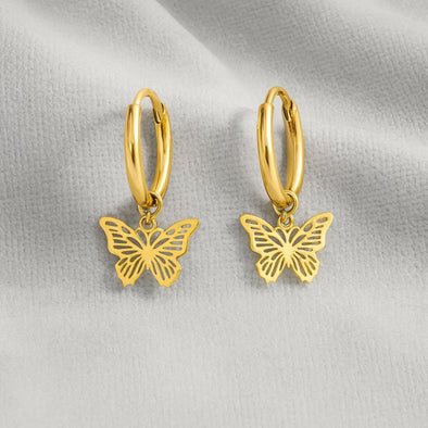 Dainty Nature-Inspired Butterfly Hoop Earrings 925 Sterling Silver Yellow Plated