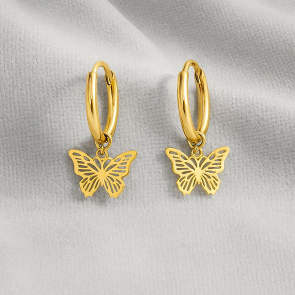 Dainty Nature-Inspired Butterfly Hoop Earrings 925 Sterling Silver Yellow Plated