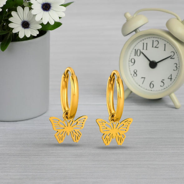 Dainty Nature-Inspired Butterfly Hoop Earrings 925 Sterling Silver Yellow Plated