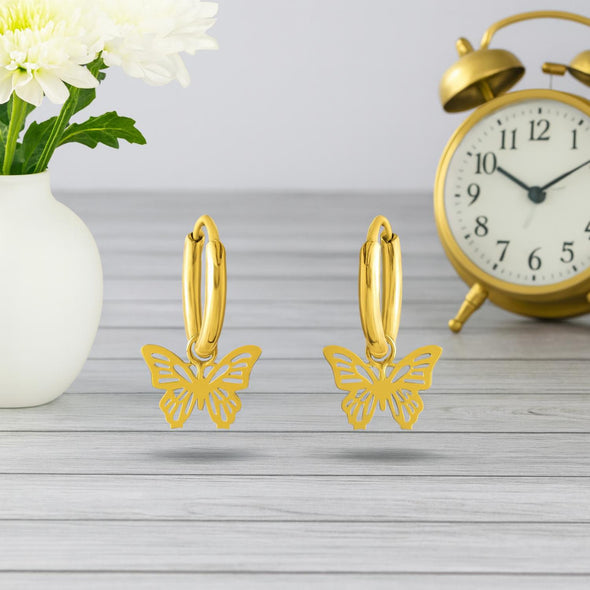 Dainty Nature-Inspired Butterfly Hoop Earrings 925 Sterling Silver Yellow Plated
