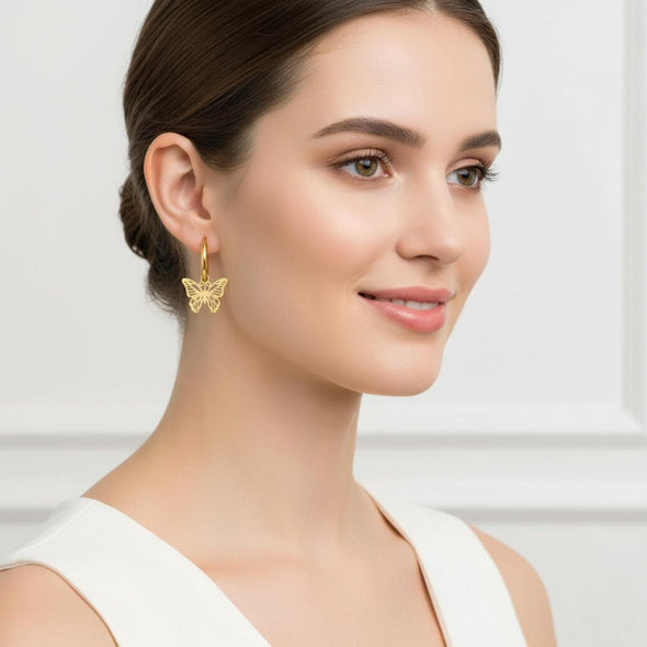 Dainty Nature-Inspired Butterfly Hoop Earrings 925 Sterling Silver Yellow Plated