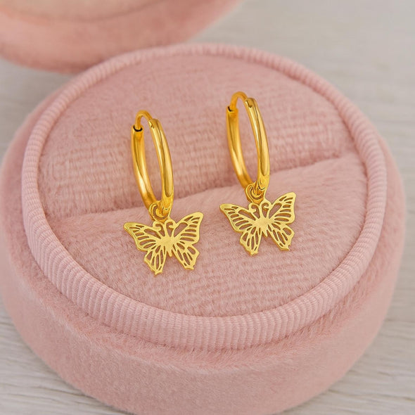 Dainty Nature-Inspired Butterfly Hoop Earrings 925 Sterling Silver Yellow Plated