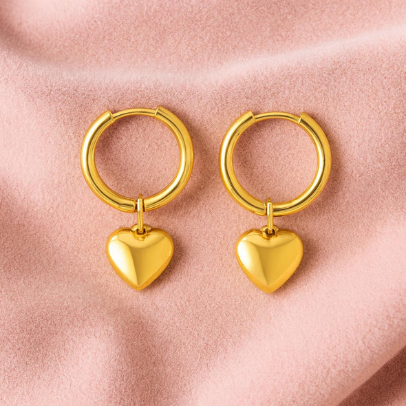 Minimalist Romantic Heart Drop Hoop Earrings 925 Sterling Silver Yellow Plated