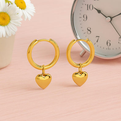 Minimalist Romantic Heart Drop Hoop Earrings 925 Sterling Silver Yellow Plated