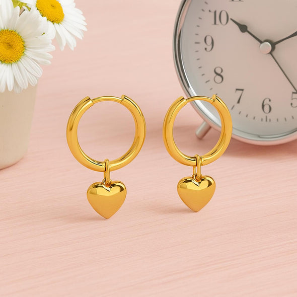 Minimalist Romantic Heart Drop Hoop Earrings 925 Sterling Silver Yellow Plated