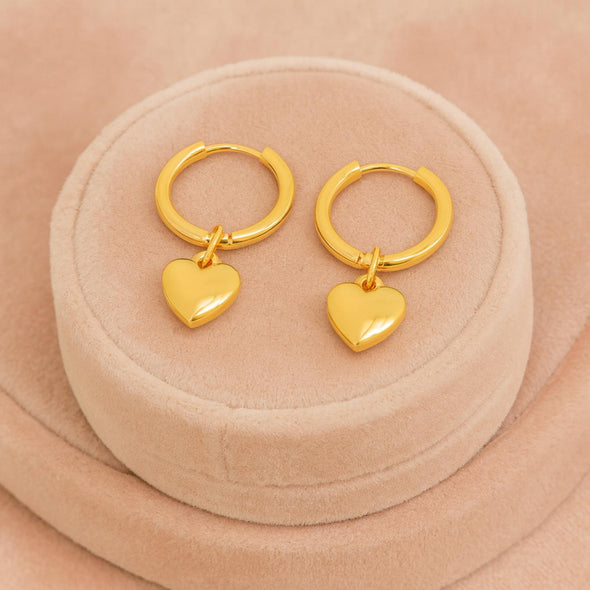 Minimalist Romantic Heart Drop Hoop Earrings 925 Sterling Silver Yellow Plated