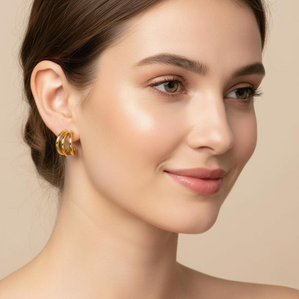 Triple Bold Chunky Hoop Earrings 925 Sterling Silver Yellow Plated