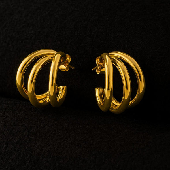 Triple Bold Chunky Hoop Earrings 925 Sterling Silver Yellow Plated