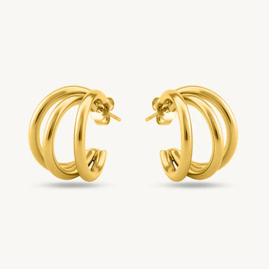 Triple Bold Chunky Hoop Earrings 925 Sterling Silver Yellow Plated