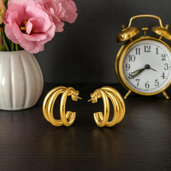 Triple Bold Chunky Hoop Earrings 925 Sterling Silver Yellow Plated