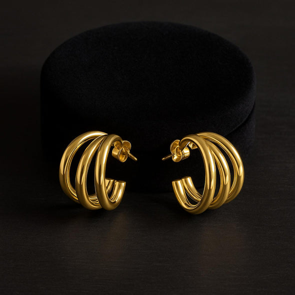 Triple Bold Chunky Hoop Earrings 925 Sterling Silver Yellow Plated