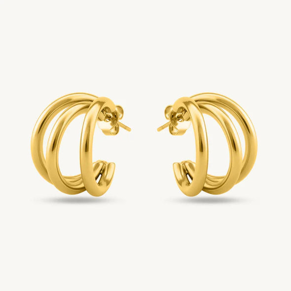Triple Bold Chunky Hoop Earrings 925 Sterling Silver Yellow Plated