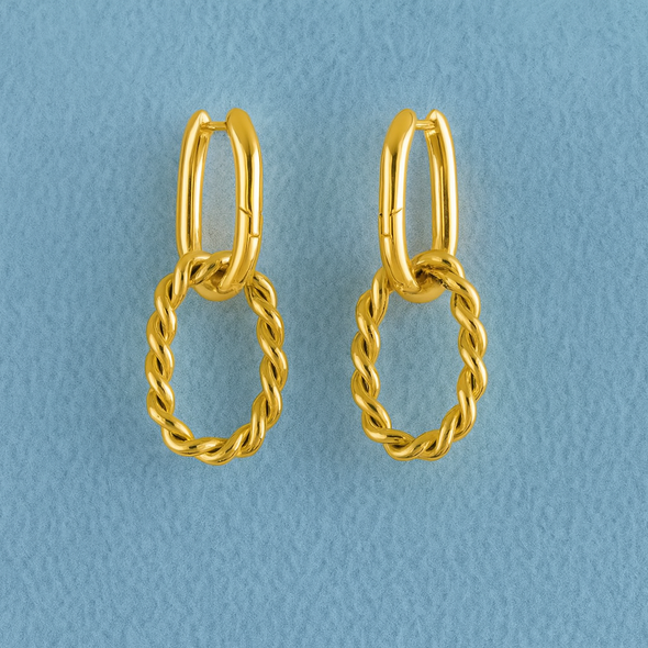 Twisted Oval Drop Hoop Earrings 925 Sterling Silver Yellow Plated
