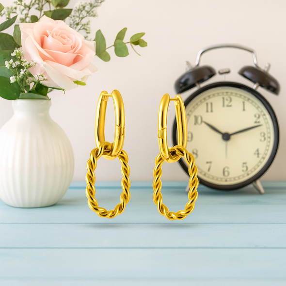 Twisted Oval Drop Hoop Earrings 925 Sterling Silver Yellow Plated