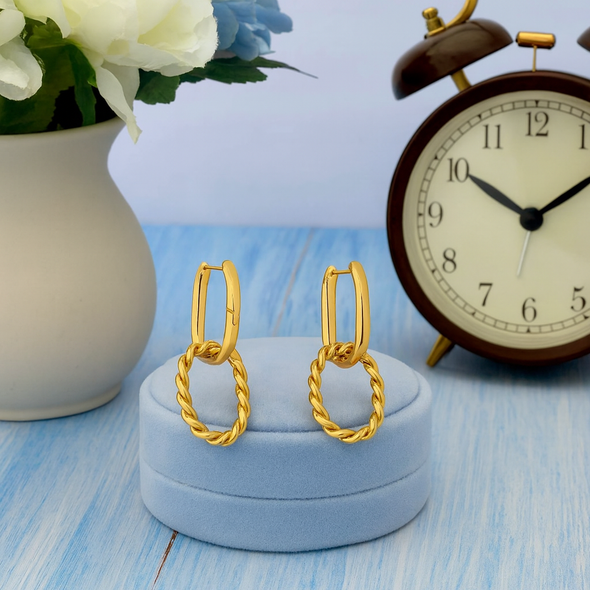 Twisted Oval Drop Hoop Earrings 925 Sterling Silver Yellow Plated