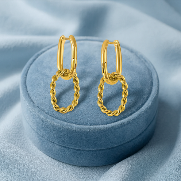 Twisted Oval Drop Hoop Earrings 925 Sterling Silver Yellow Plated