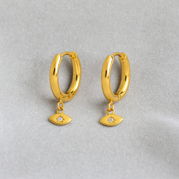 Evil Eye Charm Hoop Earrings 925 Sterling Silver Yellow Plated