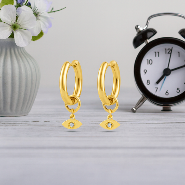 Evil Eye Charm Hoop Earrings 925 Sterling Silver Yellow Plated