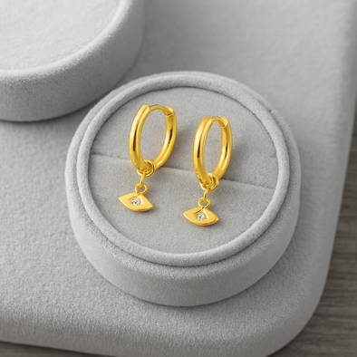 Evil Eye Charm Hoop Earrings 925 Sterling Silver Yellow Plated