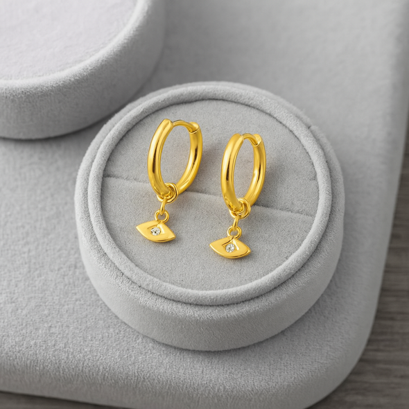 Evil Eye Charm Hoop Earrings 925 Sterling Silver Yellow Plated