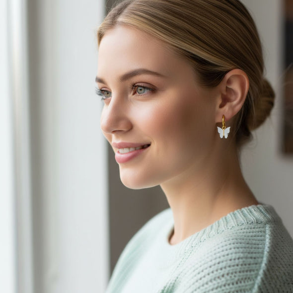 Butterfly Charm Hoop Earrings 925 Sterling Silver Yellow Plated