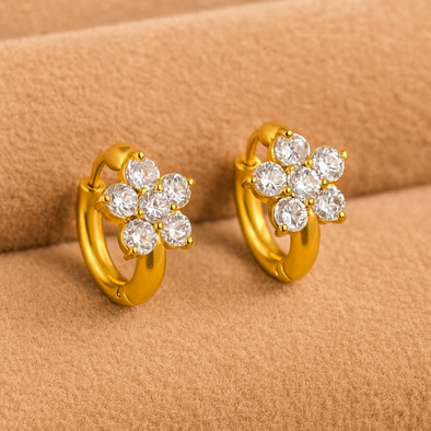 Floral Crystal Hoop Earrings 925 Sterling Silver Yellow Plated