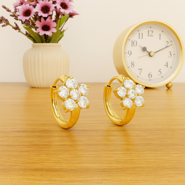 Floral Crystal Hoop Earrings 925 Sterling Silver Yellow Plated