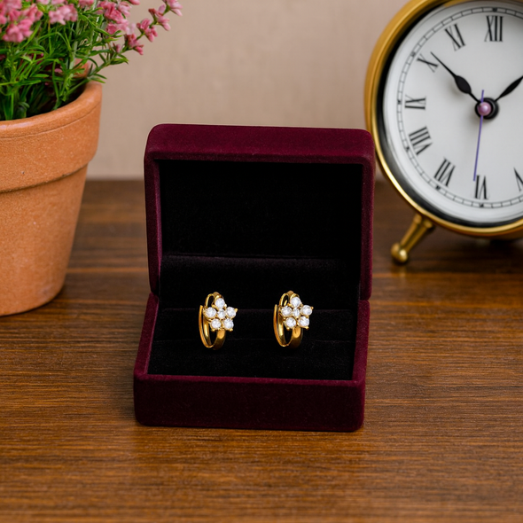 Floral Crystal Hoop Earrings 925 Sterling Silver Yellow Plated