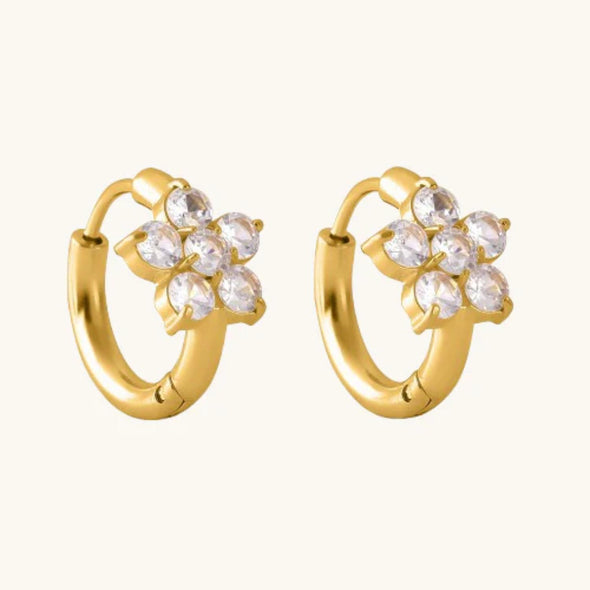 Floral Crystal Hoop Earrings 925 Sterling Silver Yellow Plated