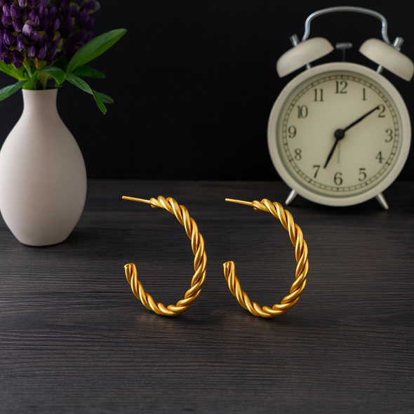 Twisted Rope Hoop Earrings 925 Sterling Silver Yellow Plated