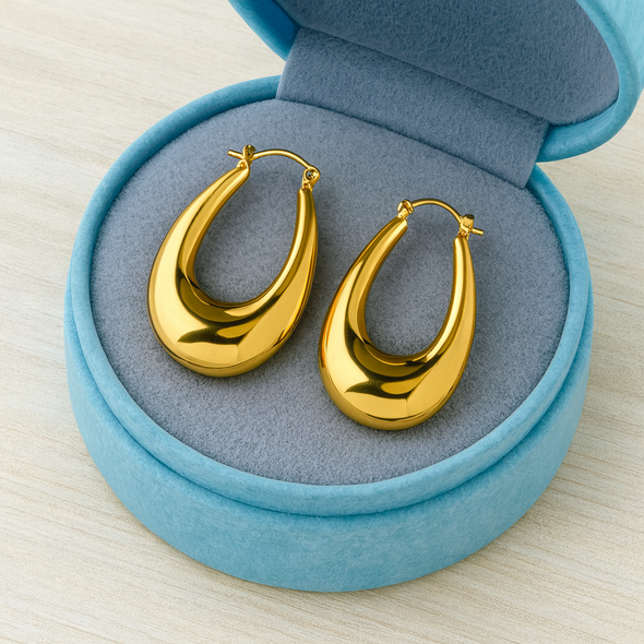 Teardrop Dome Hoop Earrings 925 Sterling Silver Yellow Plated