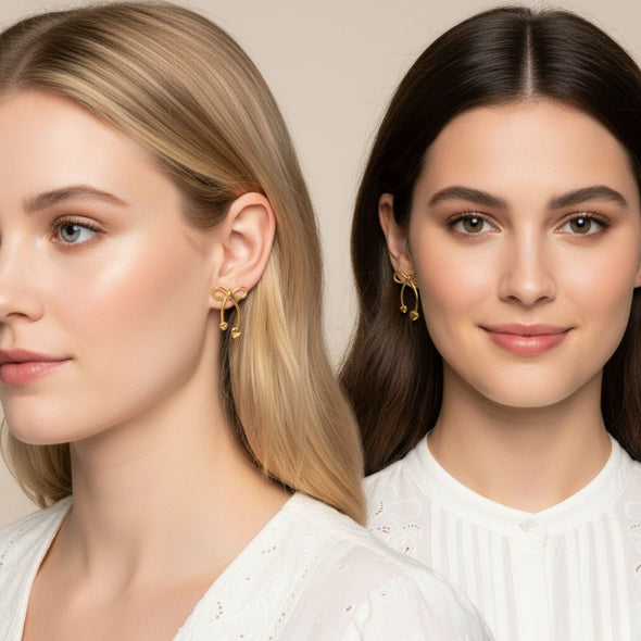 Bow Heart Drop Earrings 925 Sterling Silver Yellow Plated